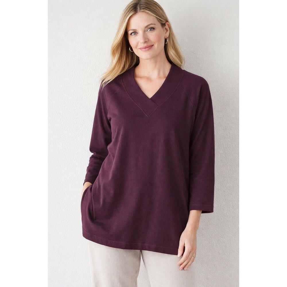 Pure Jill Affinity French Terry Top Womens Large Burgundy 3/4 Sleeve Soft Knit